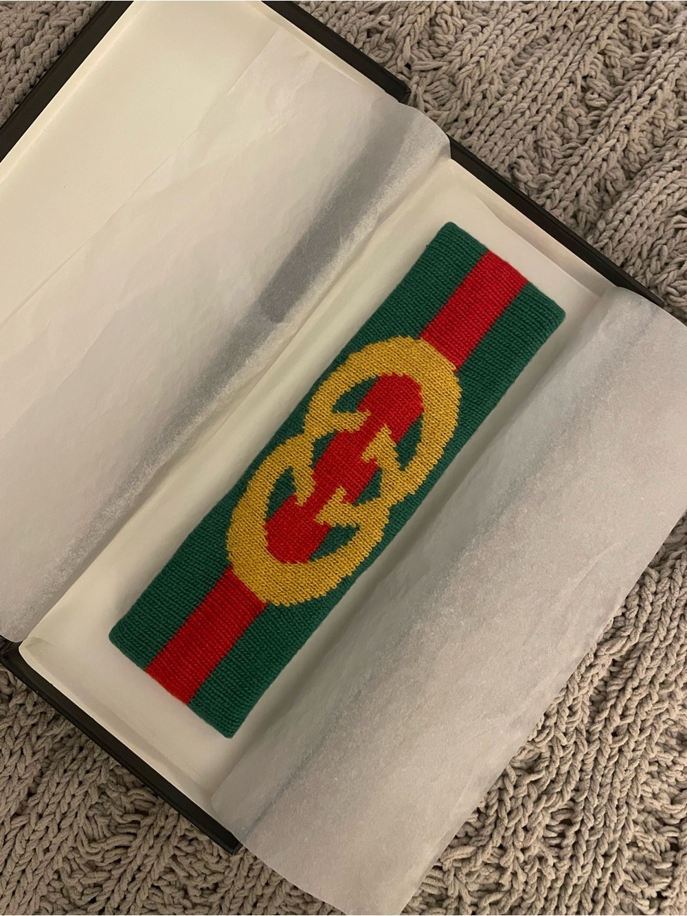 Gucci Green and Red Wool Headband with GG Gold Logo